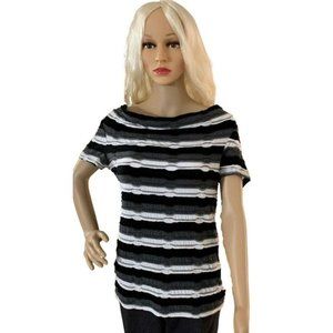 Dana Buchman Tee Top Women Black Gray White Stripe Short Sleeve Boat Neck Size M